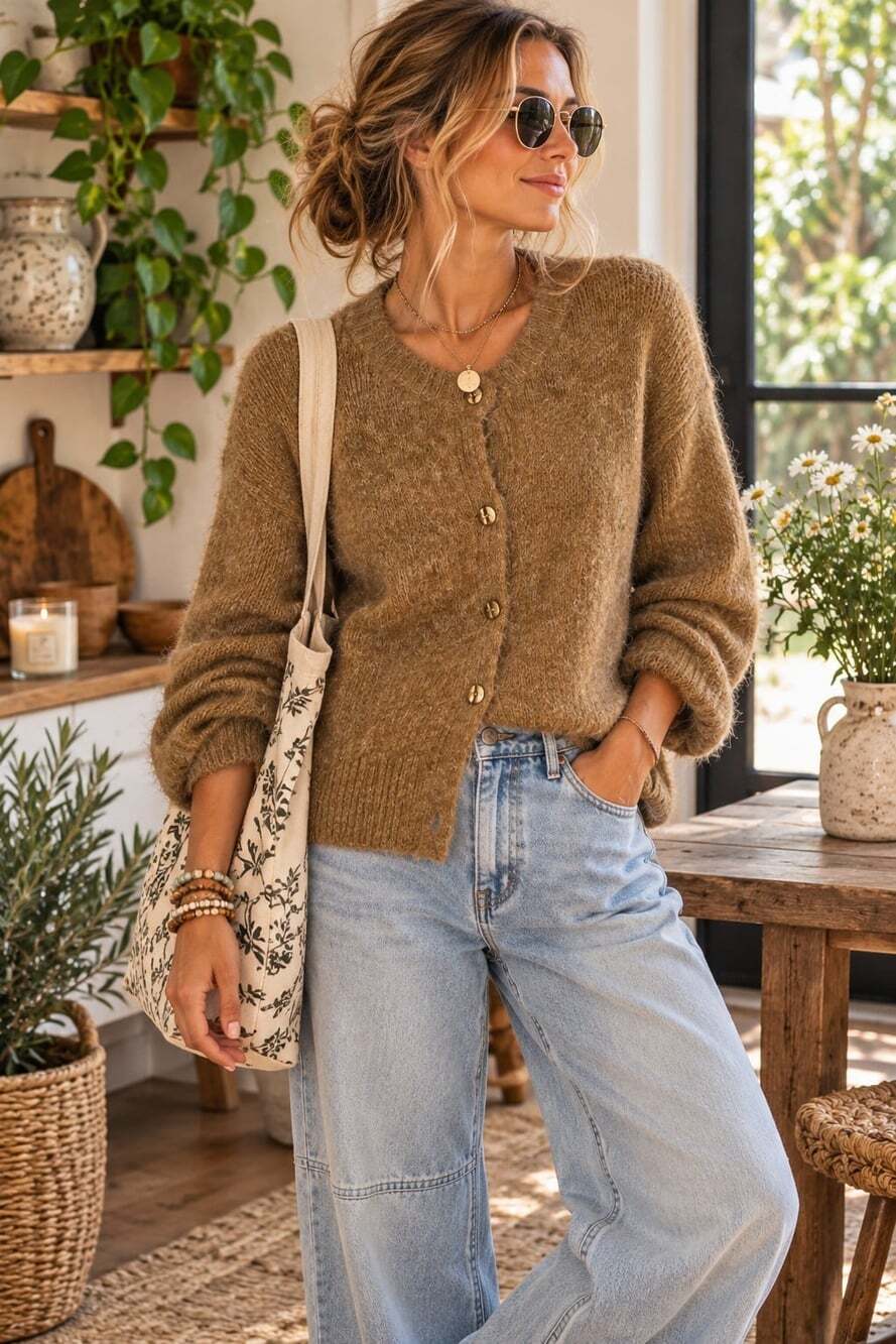 BDG Coffee Color Fuzzy Cottagecore Granola Girl Button Up Cardigan. Ladies Med